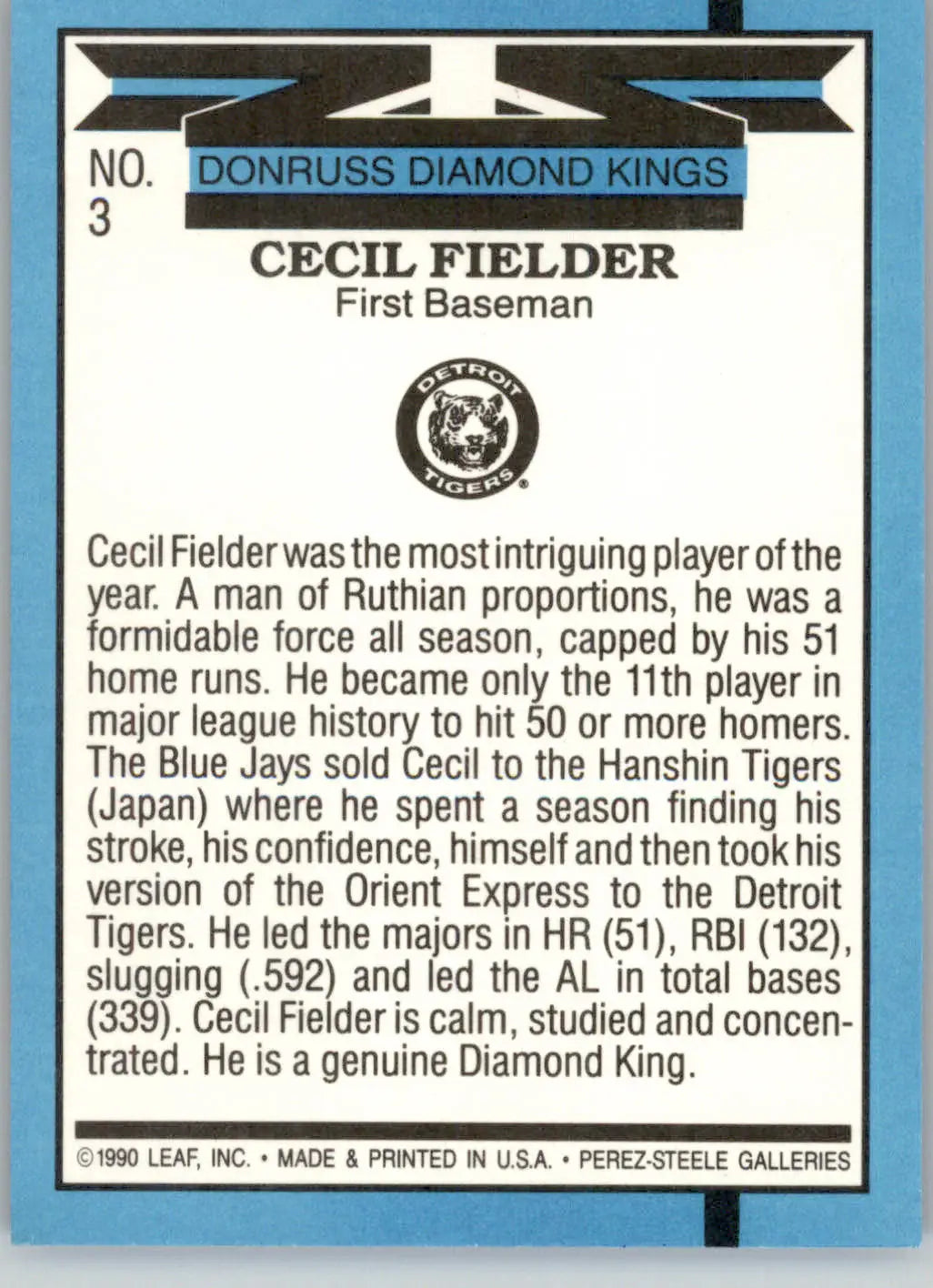 Cecil Fielder - 1991 Donruss - #3 - Baseball - Baseball Card Single