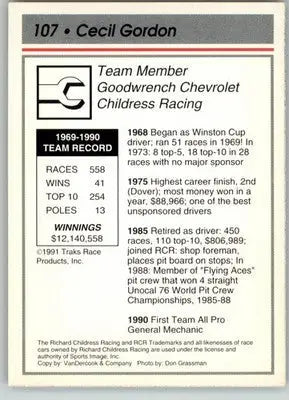 Cecil Gordon - 1991 Traks - #107 - RC Racing - Racing Card Single