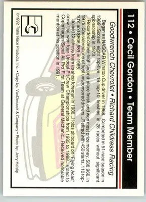 Cecil Gordon - 1992 Traks - #112 - Racing - Racing Card Single