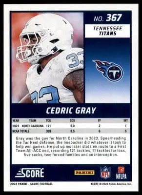 Cedric Gray Rookie 2024 Score #367 Tennessee Titans - Football Card Single
