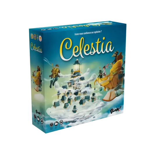 Celestia Board Game in a rectangular box with colorful artwork for Blam!