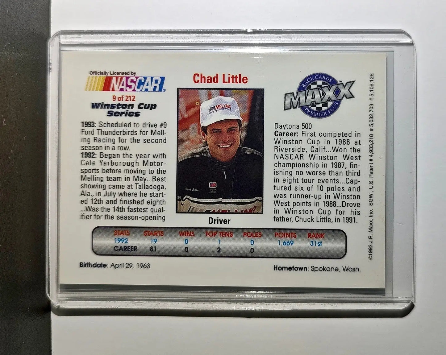 Chad Little 1993 Maxx Premier Plus Racing #9 NASCAR Card Melling Racing - Racing Card Single