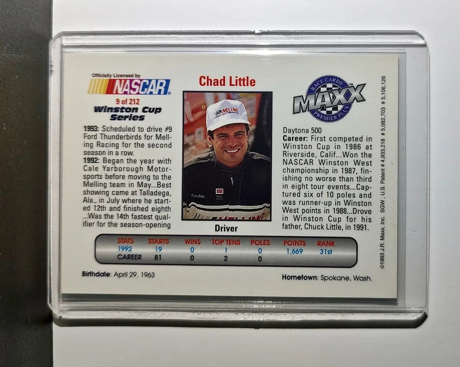 Chad Little 1993 Maxx Premier Plus Racing #9 NASCAR Card Melling Racing - Racing Card Single