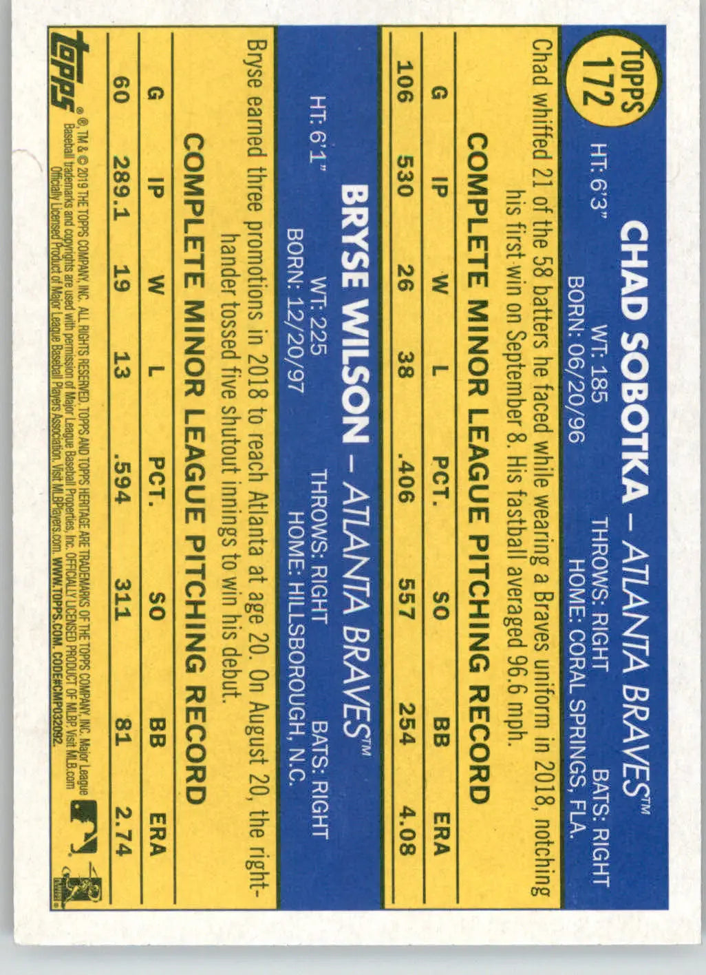 Chad Sobotka / Bryse Wilson - 2019 Topps Heritage - #172 - RC Baseball