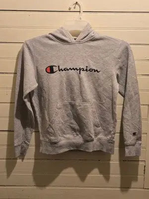 Champion Hoodie Boys M Gray Pullover Pocket Script Logo Fleece C Patch Sleeve