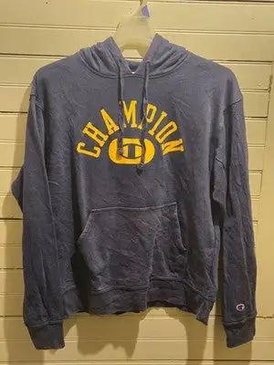 Champion Hoodie Mens M Navy Yellow Pullover Hooded Sweatshirt Logo Pocket Casual - Apparel