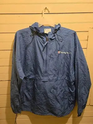 Champion Windbreaker Mens 2XL Blue Hooded Pullover Half Zip Anorak Jacket Sport - Apparel
