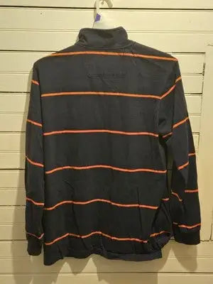 Chaps Pullover Mens L Navy Orange Striped Quarter Zip Cotton Logo Long Sleeve - Apparel