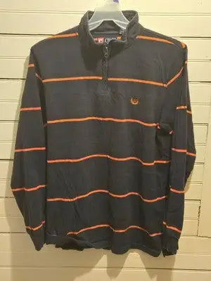 Chaps Pullover Mens L Navy Orange Striped Quarter Zip Cotton Logo Long Sleeve - Apparel