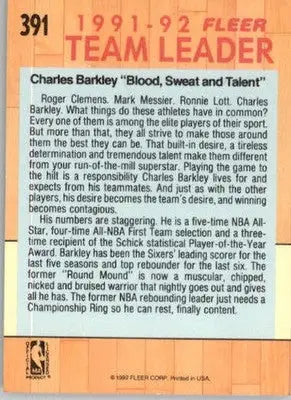 Charles Barkley - 1991 Fleer - 391 - Base NM - Basketball Card Single