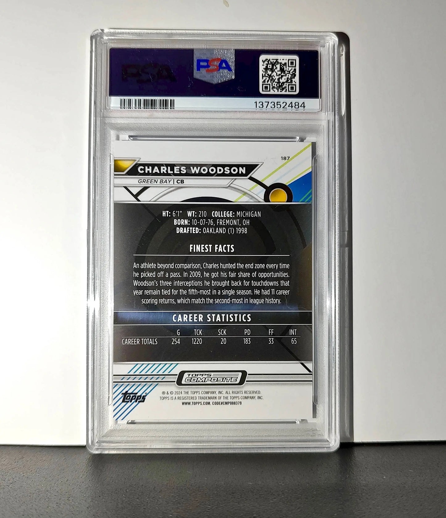 Charles Woodson 2023 Topps Finest #187 Purple Refractor 202/250 PSA 10 Gem Mint