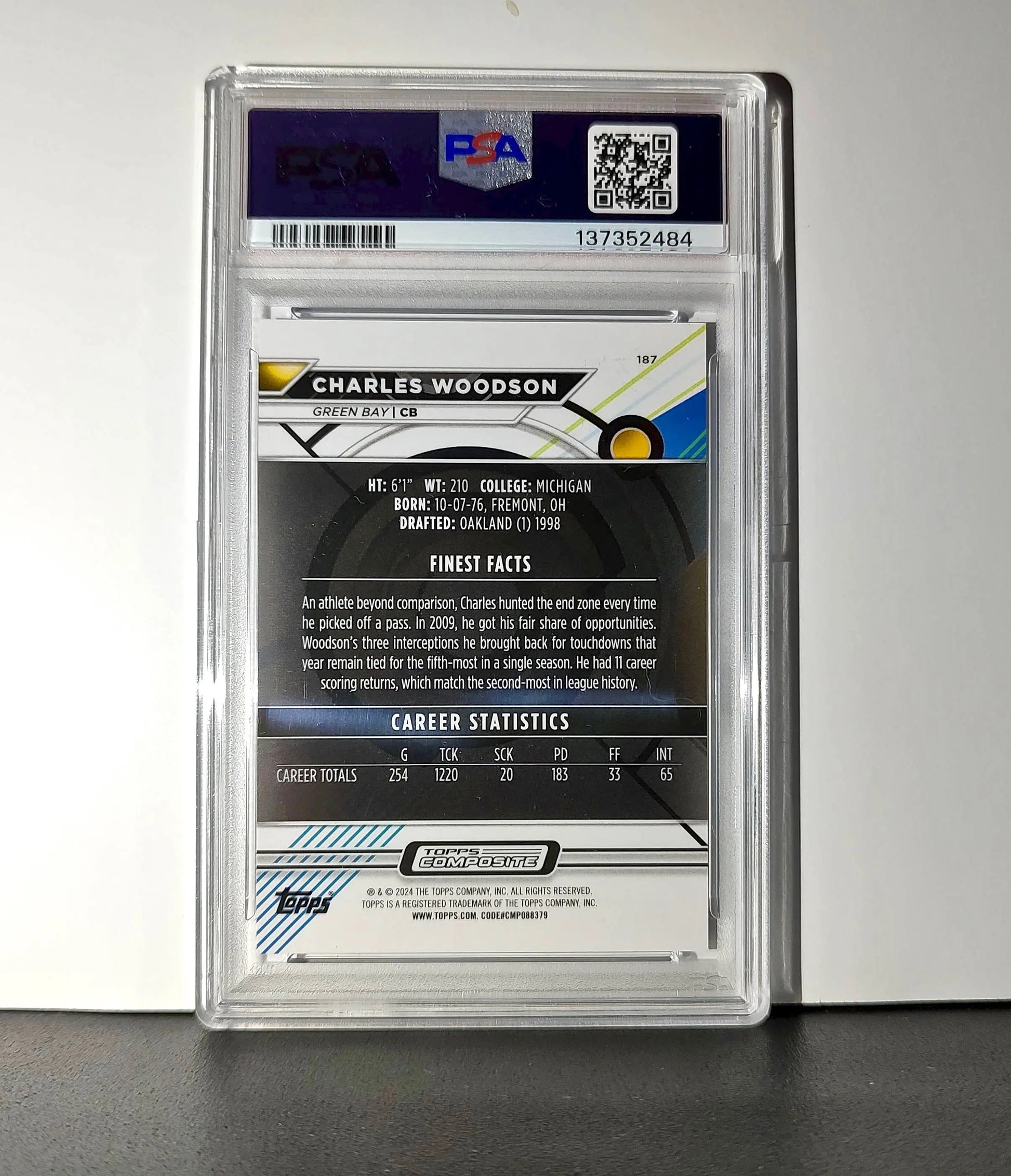 Charles Woodson 2023 Topps Finest #187 Purple Refractor 202/250 PSA 10 Gem Mint