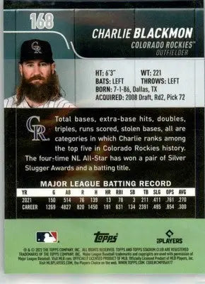 Charlie Blackmon - 2022 Stadium Club Chrome - #168 - Baseball - Baseball Card Single