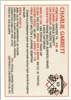 Charlie Garrett - 1990 Checkered Flag IHRA - #63 - Racing - Racing Card Single