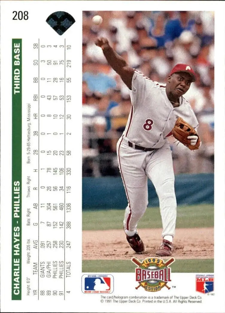 Charlie Hayes 1992 Upper Deck MLB #208 Baseball Card Philadelphia Phillies - Baseball Card Single