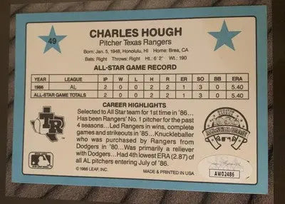 Charlie Hough baseball card from Donruss Action All-Stars Texas Rangers signed auto
