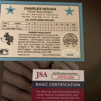 Charlie Hough Donruss Action baseball card with JSA authentication Texas Rangers autograph