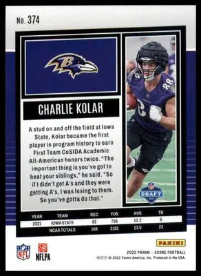 Charlie Kolar Rookie 2022 Score #374 Baltimore Ravens - Football Card Single