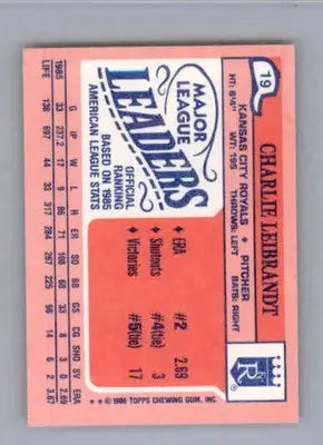 Charlie Leibrandt - 1986 Topps Major League Leaders Minis - #19 - Baseball - Baseball Card Single