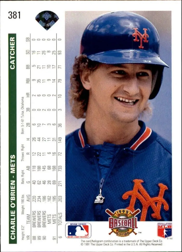 Charlie O’Brien 1992 Upper Deck MLB #381 Baseball Card New York Mets
