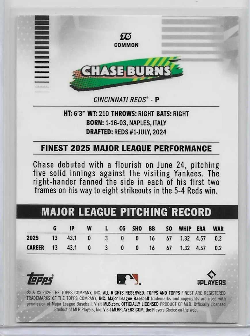 Chase Burns 2026 Topps Finest #76 Common RC Reds (1404)