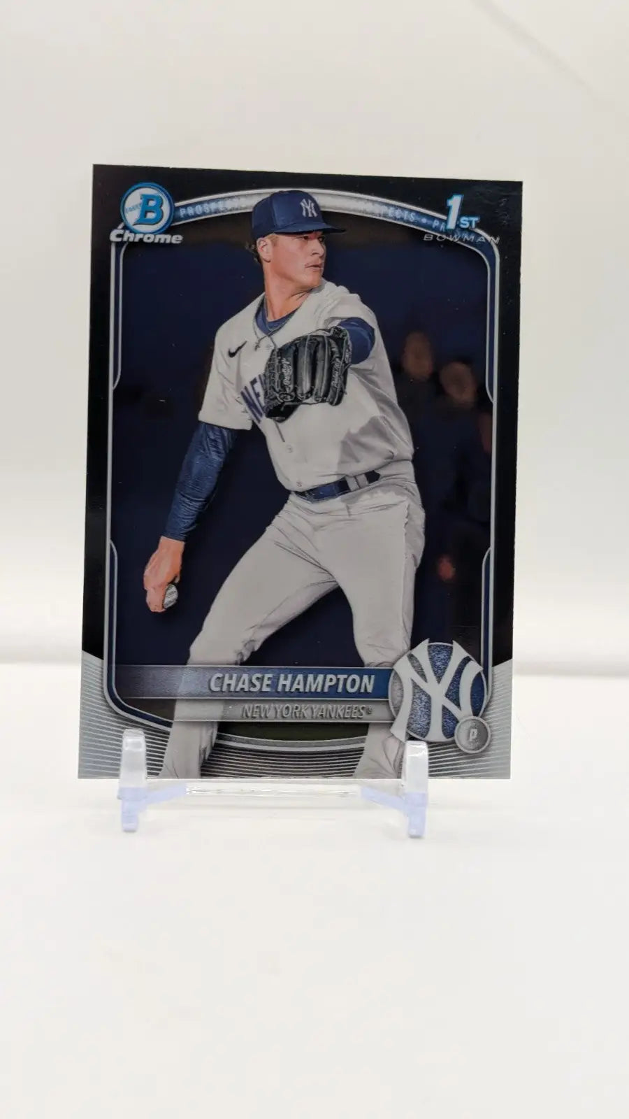 Baseball card featuring Chase Hampton in Yankees uniform from 2025 Bowman Chrome Prospects