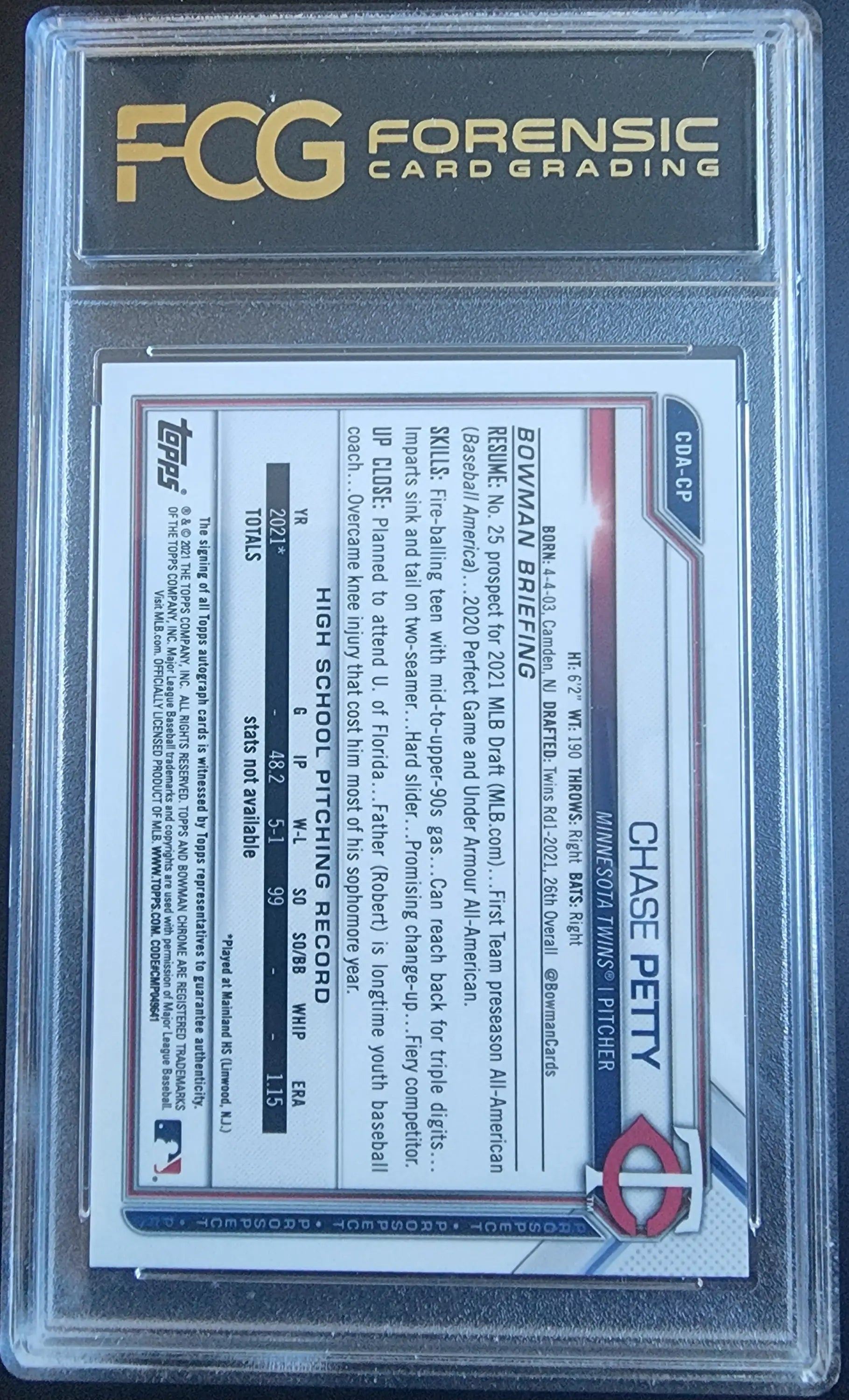 Graded Chase Petty Bowman Chrome Draft Black Refractor Auto baseball trading card