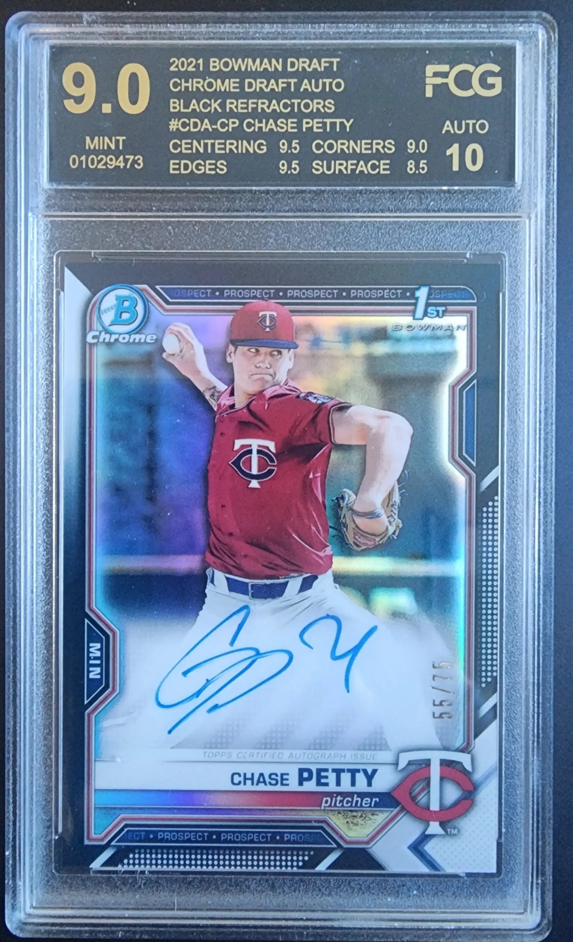 Chase Petty 2021 Bowman Chrome Draft Black Refractor Auto card #55/75, graded FCG 9