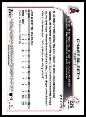 Chase Silseth Rookie 2022 Topps Update #US192 Los Angeles Angels - Baseball Card Single