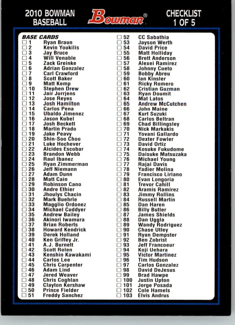 Checklist: 1-203 - 2010 Bowman - #1 - Checklists Blue Hobby Baseball