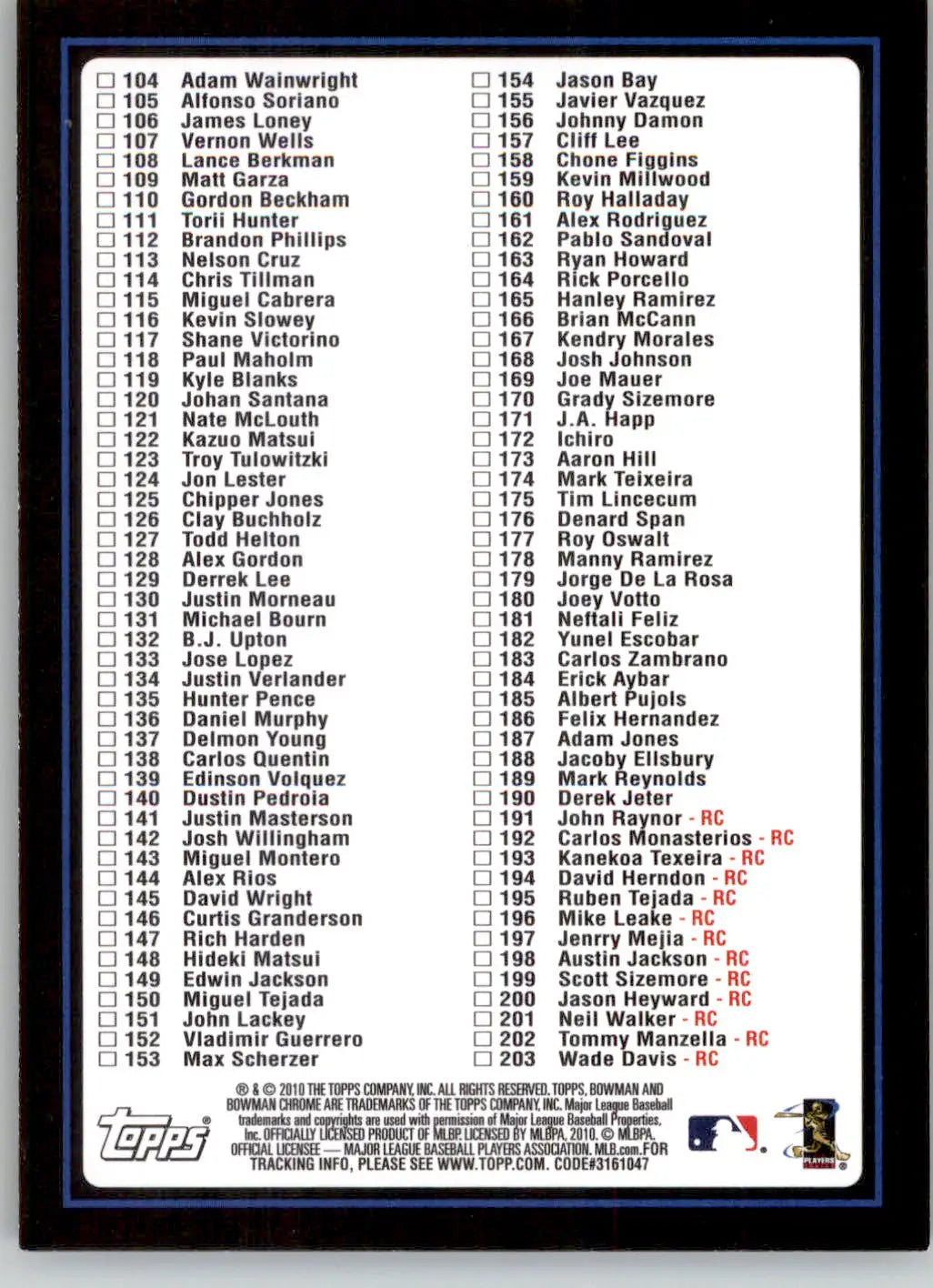 Checklist: 1-203 - 2010 Bowman - #1 - Checklists Blue Hobby Baseball