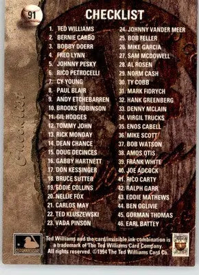 Checklist: 1-46 - 1994 Ted Williams - #91 - Baseball - Baseball Card Single