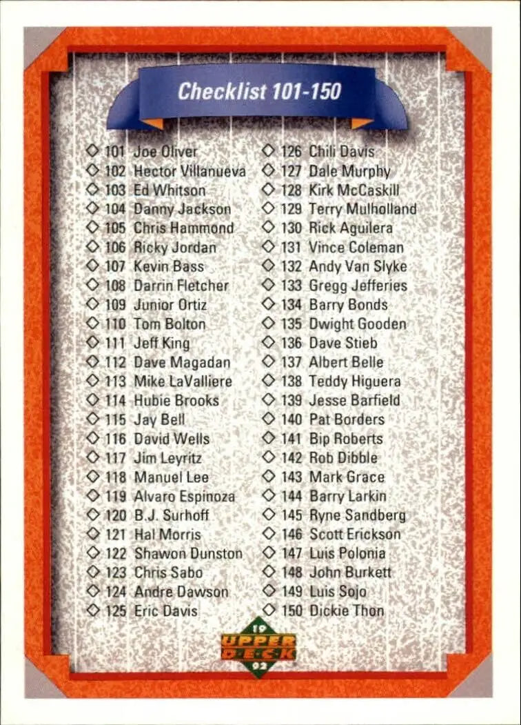 Checklist 101-200 1992 Upper Deck MLB #200 Baseball Card - Baseball Card Single