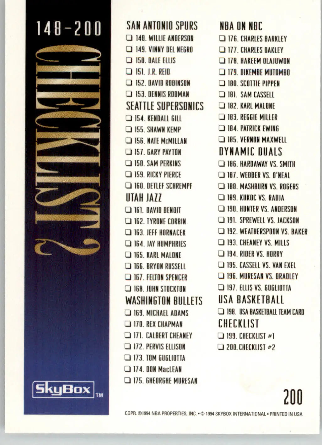 Checklist 2: 103-200 - 1994-95 SkyBox Premium - #200 - Basketball - Basketball Card Single
