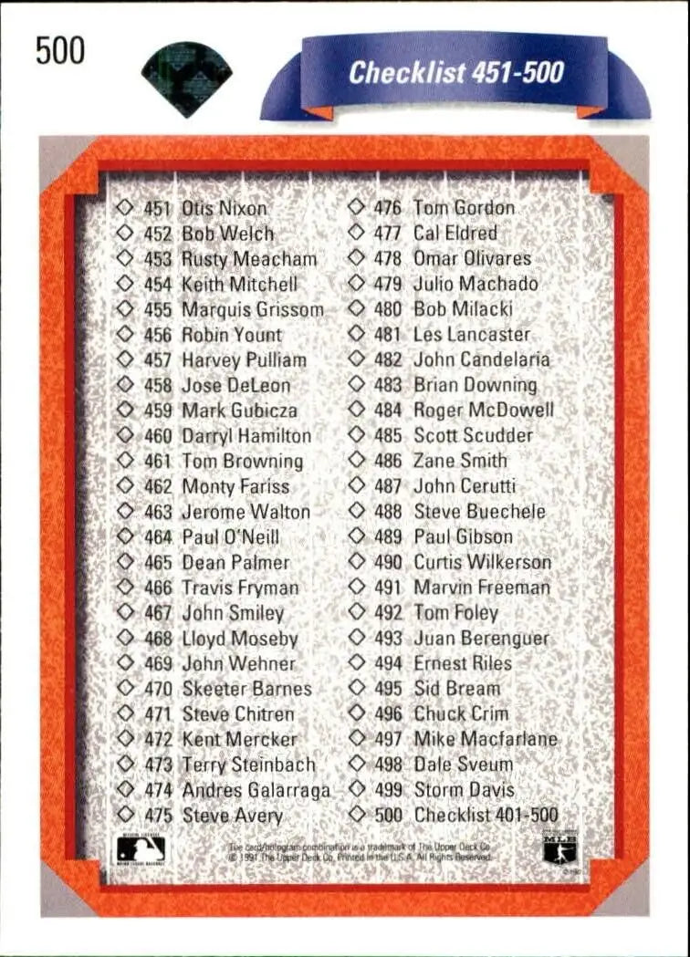 Checklist 401-500 1992 Upper Deck MLB #500 Baseball Card