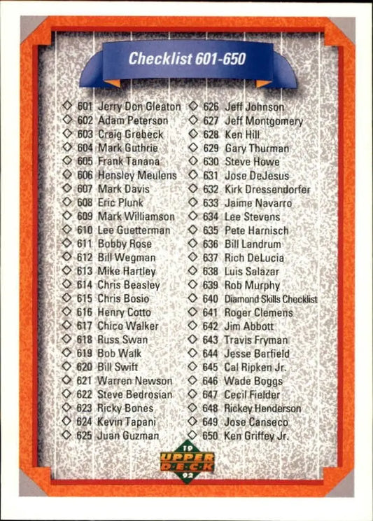Checklist 601-700 1992 Upper Deck MLB #700 Baseball Card - Baseball Card Single
