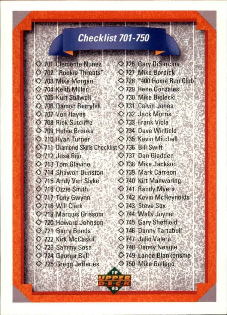 Checklist 701-800 1992 Upper Deck MLB #800 Baseball Card - Baseball Card Single