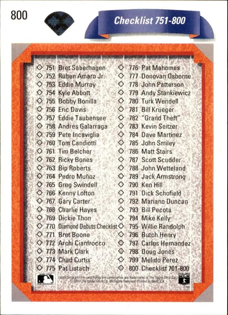 Checklist 701-800 1992 Upper Deck MLB #800 Baseball Card - Baseball Card Single