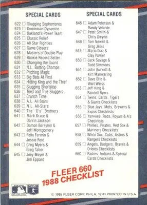 Checklist: Padres / Indians / Special Cards - 1988 Fleer - #660 - Baseball - Baseball Card Single