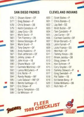 Checklist: Padres / Indians / Special Cards - 1988 Fleer - #660 - Baseball - Baseball Card Single