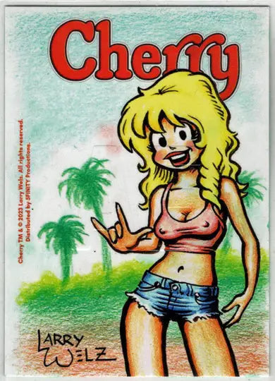 Cartoon blonde woman sketch card by Larry Welz for Cherry 5finity 2023 artist exclusive