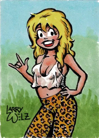 Cartoon sketch card of a blonde woman in leopard-print pants by Larry Welz