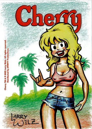 Cartoon drawing of a blonde woman in a crop top on Cherry 5finity sketch card by Larry Welz