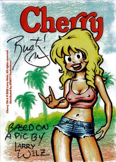 Cartoon-style blonde woman in summer attire peace sign on Cherry 5finity Sketch Card Rusty Gilligan
