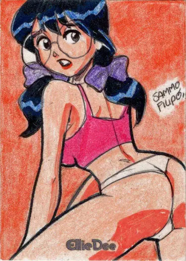 Cartoon drawing of a young woman in pink top on Cherry and Friends sketch card by Sammo Filipo