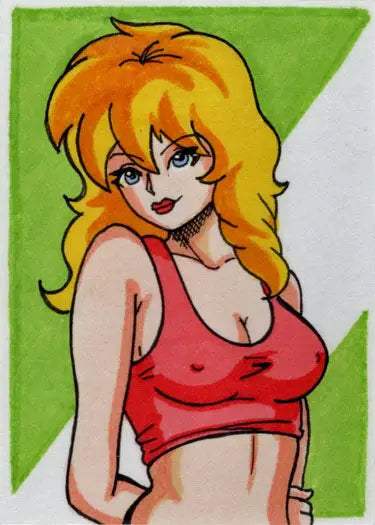 Cartoon blonde woman in red crop top from Cherry February/March 2023 Sketch Card by Andy Bohn