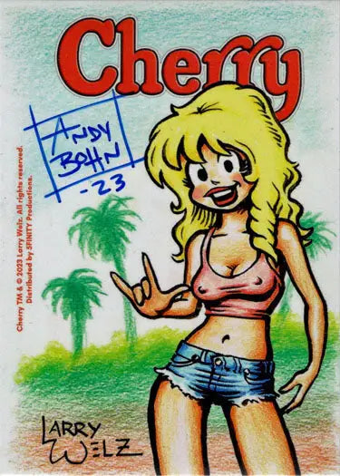 Cartoon of a blonde woman in a pink crop top on Andy Bohn’s sketch card trading card