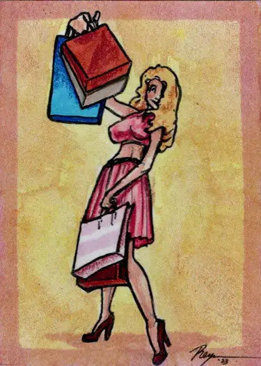 Stylized drawing of a woman in pink outfit with shopping bags on Cherry February/March Sketch Card
