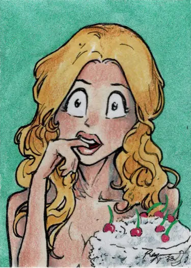 Cartoon-style sketch card of a surprised blonde woman with a cake by April Reyna