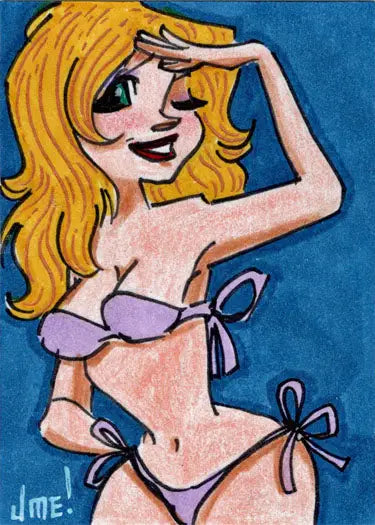 Cartoon-style blonde woman in purple bikini on Jme Foronda sketch card trading card